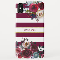 Burgundy and Gold Boho Floral Stripe Monogram iPhone XS Max Case