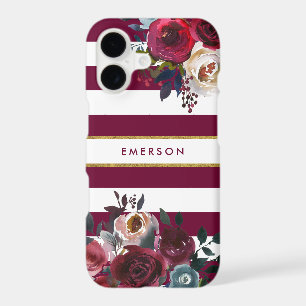 Burgundy and Gold Boho Floral Stripe Monogram iPhone 17 Case