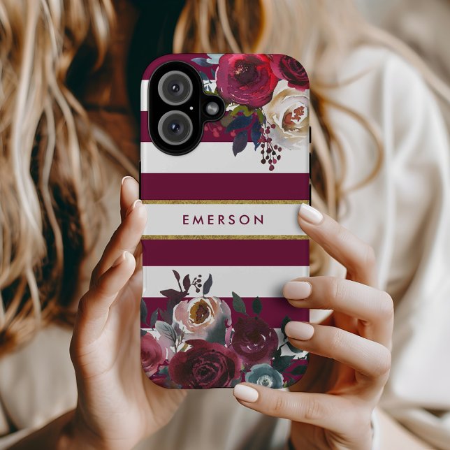 Burgundy and Gold Boho Floral Stripe Monogram Case-Mate iPhone Case (Creator Uploaded)