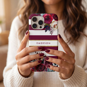 Burgundy and Gold Boho Floral Stripe Monogram iPhone 17 Case