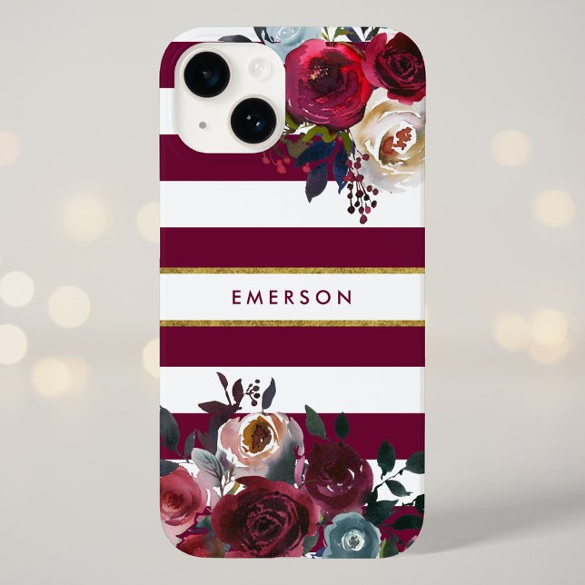 Burgundy and Gold Boho Floral Stripe Monogram Case-Mate iPhone Case (Creator Uploaded)