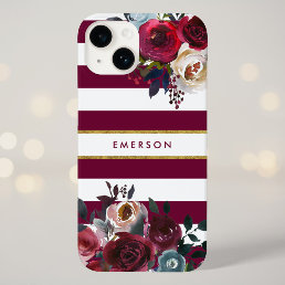 Burgundy and Gold Boho Floral Stripe Monogram Case-Mate iPhone 14 Case