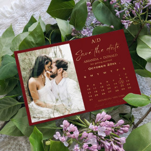 Burgundy and Gold Calendar Wedding Save the date Foil Invitation
