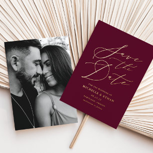 Burgundy and Gold Calligraphy Photo Save the Date Foil Invitation