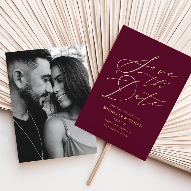 Burgundy and Gold Calligraphy Photo Save the Date Foil Invitation (Creator Uploaded)