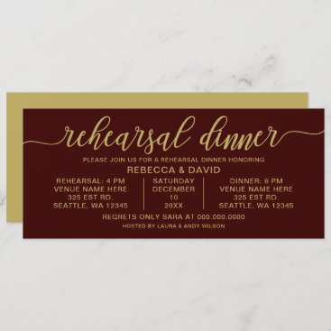 burgundy and gold Calligraphy Rehearsal Dinner Invitation