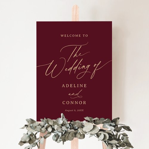 Burgundy and Gold Calligraphy Wedding Welcome Sign