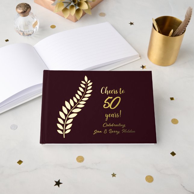Burgundy and Gold Cheers to 59 Years Foil Guest Book (Front Open)