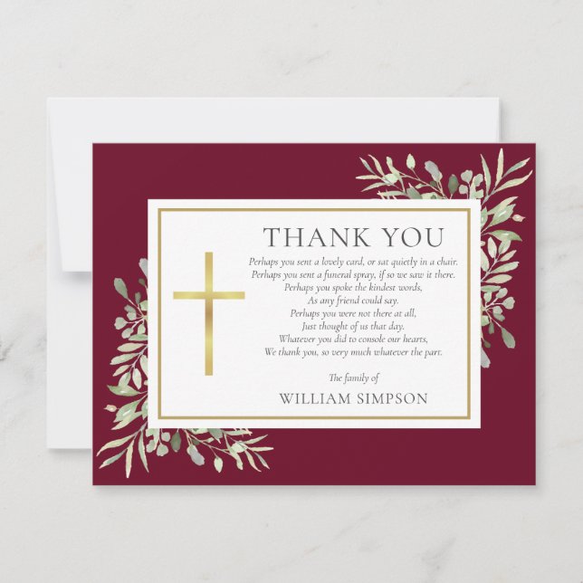 Burgundy And Gold Christian Funeral Greenery Poem Thank You Card (Front)