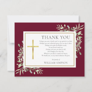 Burgundy And Gold Christian Funeral Greenery Poem Thank You Card