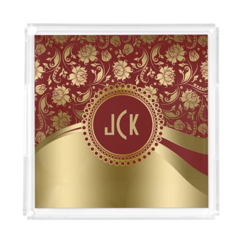 Burgundy and gold damasks geometric accent acrylic tray