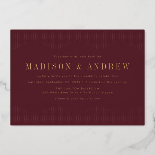 Burgundy and Gold Dotted Deco Wedding Foil Invitation