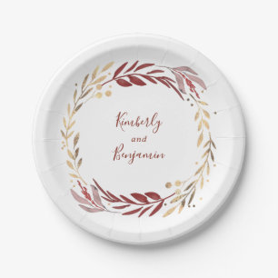 Burgundy and Gold Elegant Garden Wedding Paper Plates