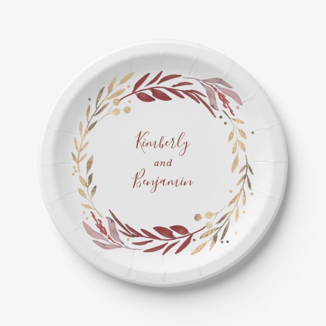 Burgundy and Gold Elegant Garden Wedding Paper Plates (Front)