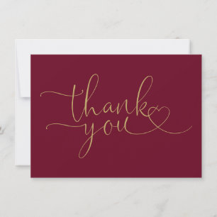 Burgundy And Gold Elegant Heart Script Thank You Card