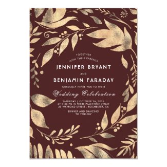 Rustic Fall Wedding Invitations with Gold Leaves on a Burgundy Background