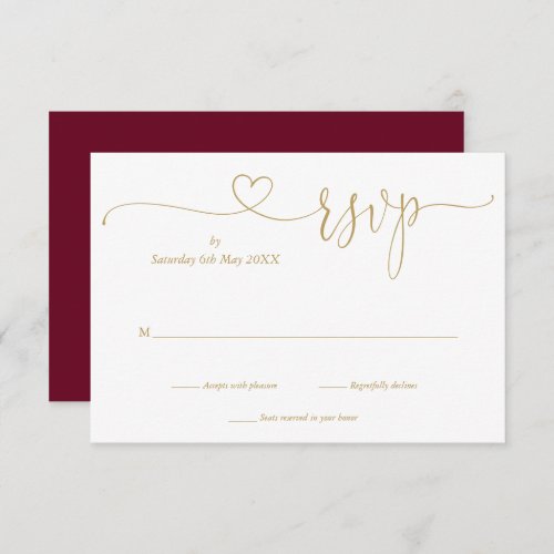 Burgundy And Gold Elegant Script Heart  RSVP Card