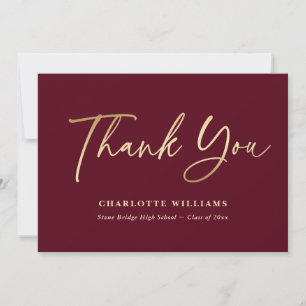 Burgundy and Gold Elegant Script Modern Graduation Thank You Card