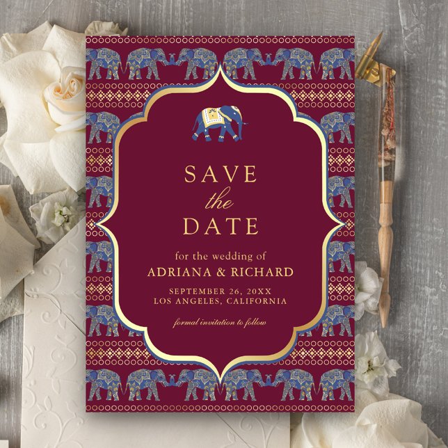 Burgundy and Gold Elephant Indian Wedding Photo Save The Date (Creator Uploaded)