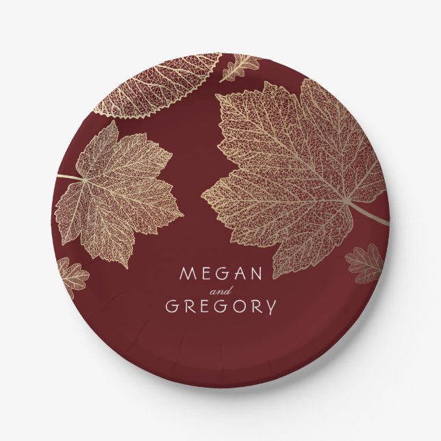 Burgundy and Gold Fall Leaves Wedding Paper Plates (Front)