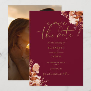 Burgundy And Gold Fall Rustic Floral Photo Wedding Save The Date