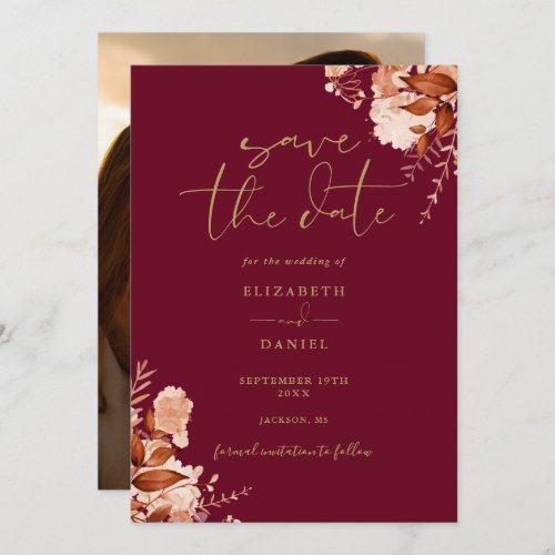 Burgundy And Gold Fall Rustic Floral Photo Wedding Save The Date