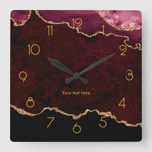 Burgundy and Gold Faux Agate Personalized Square Wall Clock