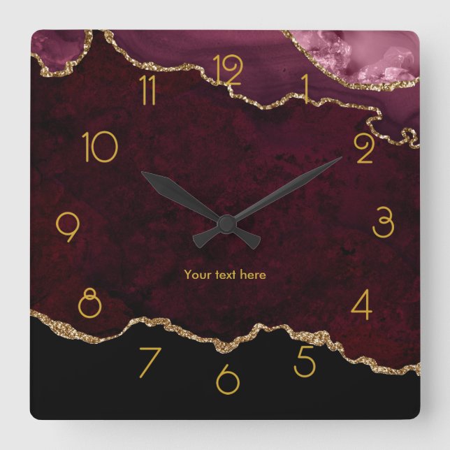 Burgundy and Gold Faux Agate Personalized Square Wall Clock (Front)