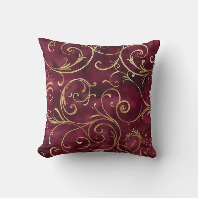 Burgundy and gold filigree print throw pillow (Front)