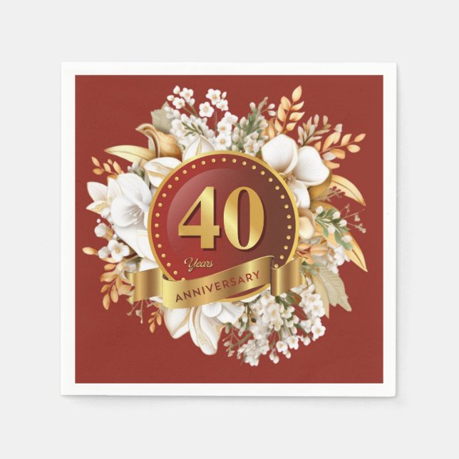 Burgundy And Gold Floral 40th Wedding Anniversary  Napkins (Front)