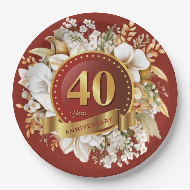 Burgundy And Gold Floral 40th Wedding Anniversary  Paper Plates (Front)