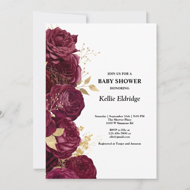 Burgundy And Gold Floral Baby Shower Invitation (Front)