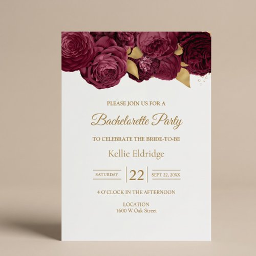 Burgundy And Gold Floral Bachelorette Party Invitation