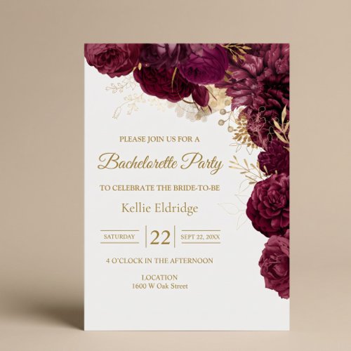 Burgundy And Gold Floral Bachelorette Party Invitation