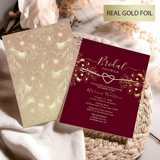 Burgundy and Gold Floral Bridal Shower  Foil Invitation (Creator Uploaded)