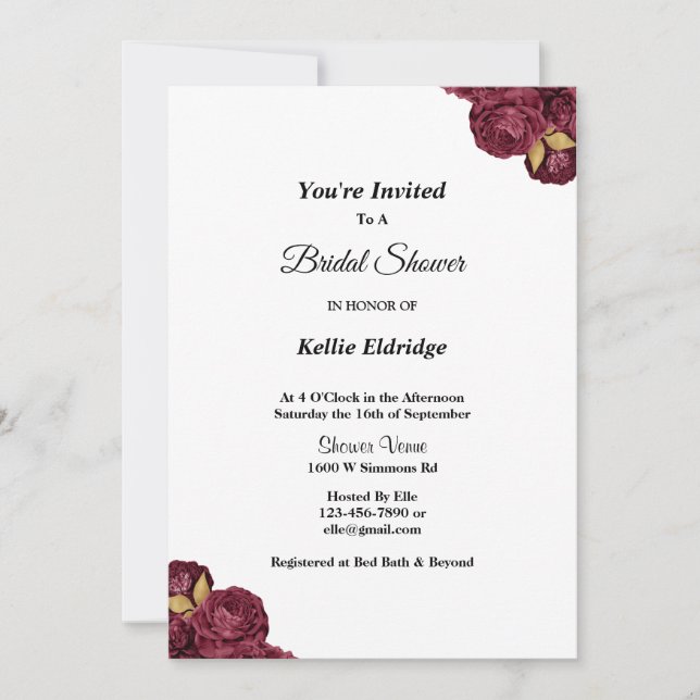 Burgundy And Gold Floral Bridal Shower Invitation (Front)