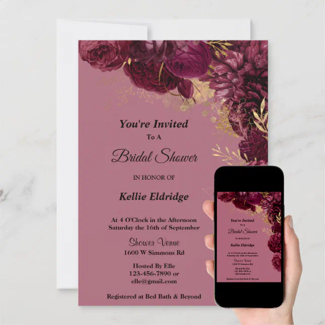 Burgundy And Gold Floral Bridal Shower Invitation Zazzle 2957