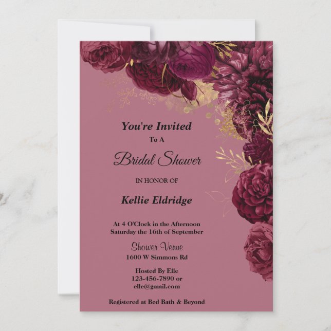 Burgundy And Gold Floral Bridal Shower Invitation (Front)