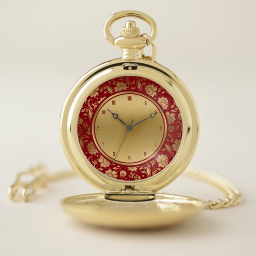 Burgundy and gold floral damask pattern pocket watch