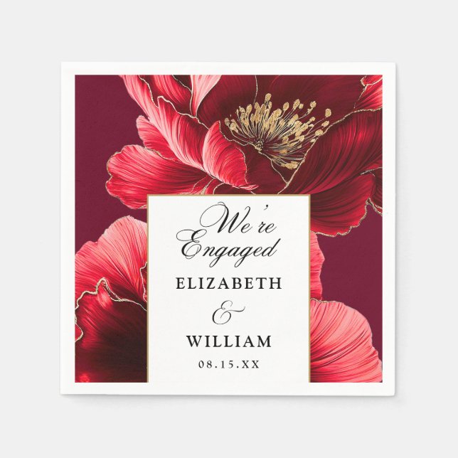 Burgundy And Gold Floral Elegant Engagement Party Napkins (Front)