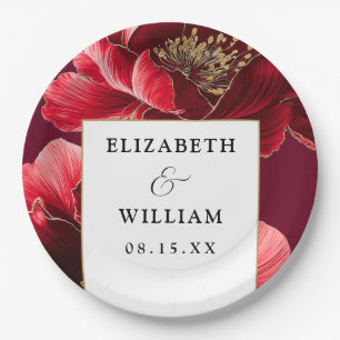Burgundy And Gold Floral Elegant Modern Wedding Paper Plates