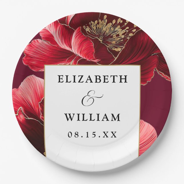 Burgundy And Gold Floral Elegant Modern Wedding Paper Plates (Front)