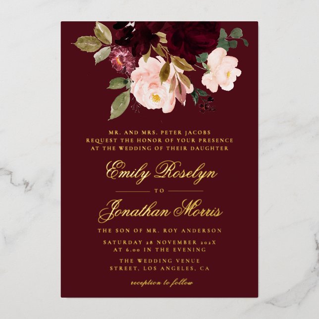 burgundy and gold floral elegant wedding foil invitation (Front)