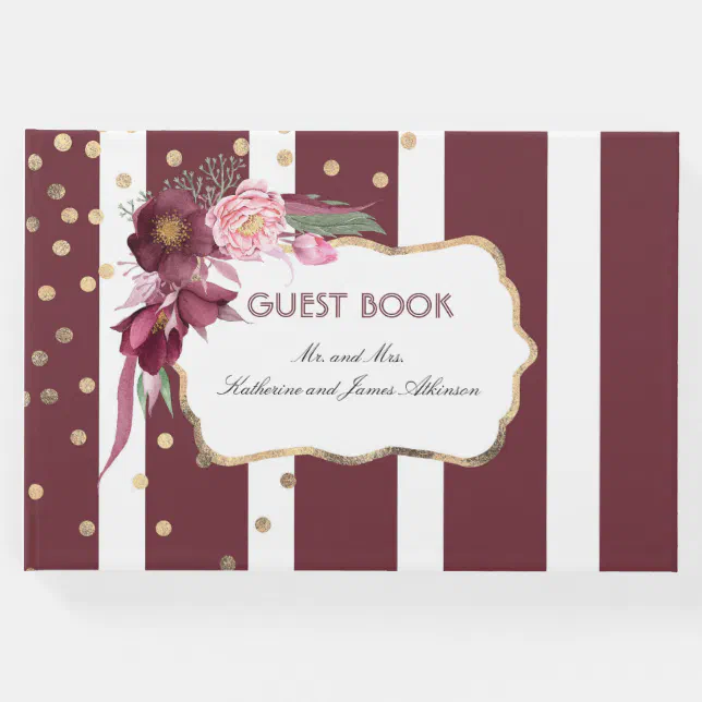 Burgundy and Gold Floral Elegant Wedding Guest Book Zazzle