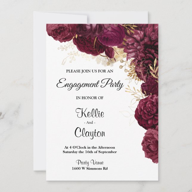 Burgundy And Gold Floral Engagement Party Invitation (Front)