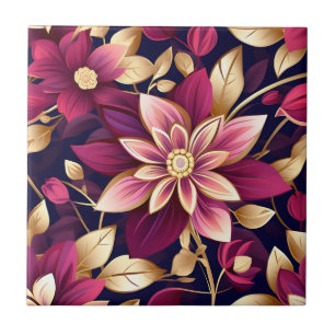 Burgundy And Gold Floral Explosion Ceramic Tile