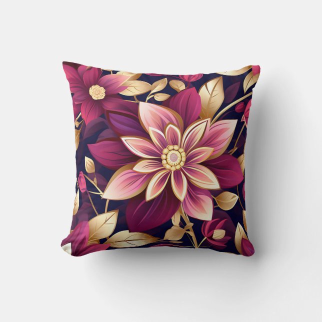 Burgundy And Gold Floral Explosion Throw Pillow (Front)