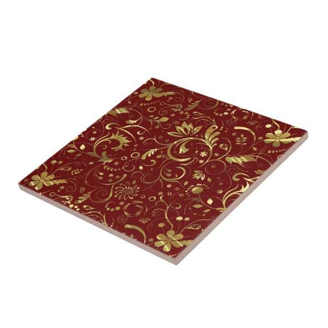 Burgundy And Gold Floral Fabric Pattern Ceramic Tile (Side)