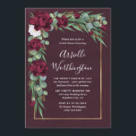 Burgundy and Gold Floral Fall Unique Bridal Shower Invitation<br><div class="desc">Features a wine or burgundy watercolor wash background with elegant silver dollar and seeded eucalyptus leaves with marsala/burgundy flowers.  Design also features a printed gold border.</div>