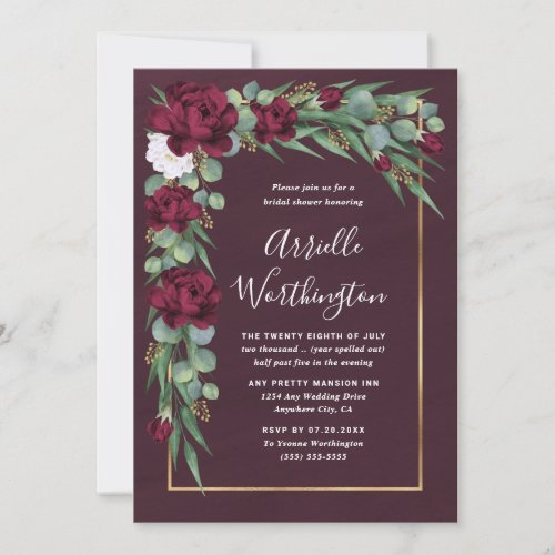 Burgundy and Gold Floral Fall Unique Bridal Shower Invitation